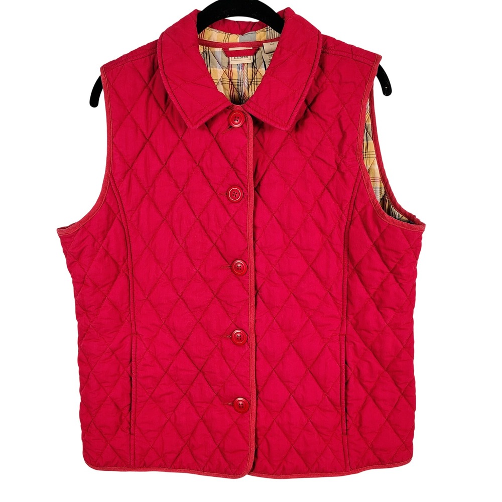 LL Bean Womens L Quilted Button Down Vest Red Cotton Plaid Lined Gorpcore Preppy
